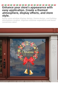 Detail of red Christmas wreath window sticker with bells on glass storefront