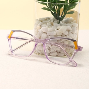 Stylish purple transparent blue light blocking glasses with yellow decorative elements