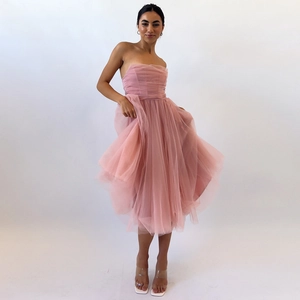 Pink strapless mesh bustier dress with fluffy tiered skirt for party and evening events