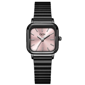 Minimalist square women watch with black metallic strap and pink sunray dial