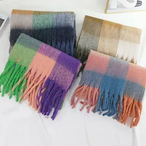 Chic rainbow checkered mohair scarf with thick knit fringe for winter warmth and comfort