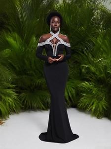 Elegant black off-shoulder fishtail evening gown with silver rhinestones and halter neck
