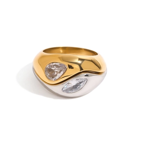 Two-tone layered stainless steel ring with pear-cut white zircon stones for women