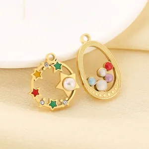 Stainless Steel Star Oval Pendants Charms With Enamel Artificial Pearl Zircon 18K Gold Plated DIY Jewelry Making Accessories