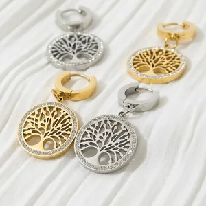 Pendientes De Aro Árbol De La Vida De Acero Inoxidable Con Circonita Colgante Redondo Hueco Joyería De Moda Para Mujer