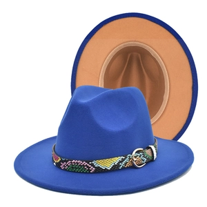 Detail of two-tone blue and khaki wool fedora hat with snake print belt and gold buckle