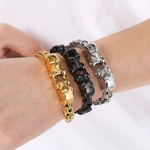 Bracelet punk à maillons tête de mort pour homme en acier or noir et argent massif