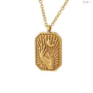 Rectangular Pendant Necklace Titanium Steel 18K Gold Plated Embossed Hand Moon Star Celestial Tarot Style Fashion Jewelry