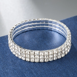 Sparkly three-row silver elastic rhinestone bracelet for bridal and wedding wear