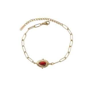Vintage gold paperclip chain bracelet with a red stone pendant in stainless steel