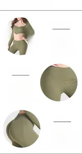 Dettaglio del set yoga verde oliva con pantaloni a coste a vita alta e design modellante