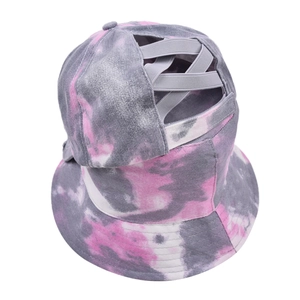 Tie-dye ponytail baseball cap and bucket hat set in grey-pink cotton twill fabric