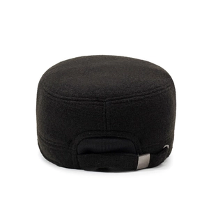 Men's winter flat top hat in black wool with ear flaps and metal adjustable buckle back