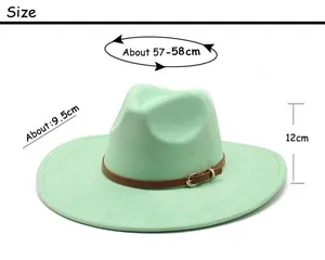 Detailed size chart for mint green wide brim fedora hat with exact dimensions