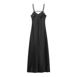 Elegant black satin slip maxi dress with adjustable thin straps and a classic V-neckline