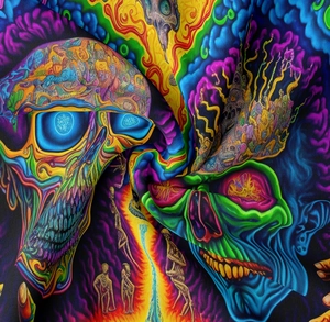 Macro detail of psychedelic mushroom skull tapestry fabric with neon print textures