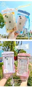 Detail of waterproof phone pouches with cartoon designs and protective air cushion edges