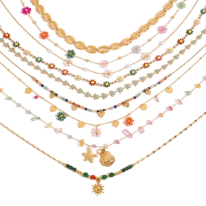 Gold stainless steel layered necklace set with colorful beads and shell heart pendants