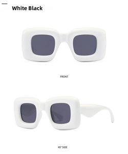 Detailed front and side views of chunky white avant-garde sunglasses with dark grey lenses