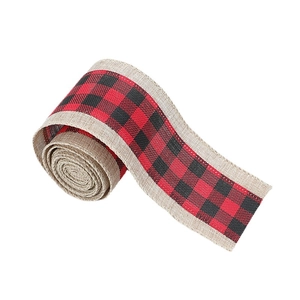 Red and black buffalo plaid ribbon with natural jute edges for Christmas gift wrapping
