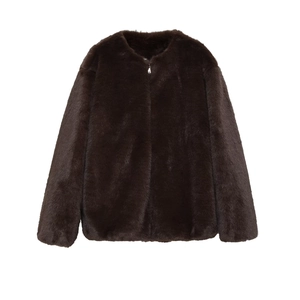 Kurze braune Kunstpelzjacke mit kragenlosem Design und silbernem Reißverschluss für Damen