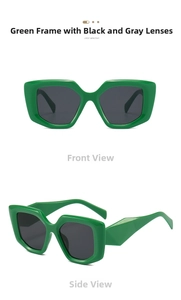 Detail view of bold green polygonal sunglasses with dark grey lenses in two angles