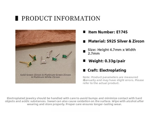 Detailed size chart and specifications for S925 silver rectangle zircon stud earrings