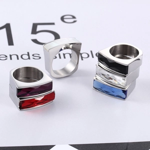 Rectangle Crystal Stainless Steel Ring Brushed Titanium Steel Geometric Band Modern Unisex Jewelry For Men Women