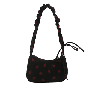 Minimalist black corduroy crescent underarm bag with red strawberry pattern and bow