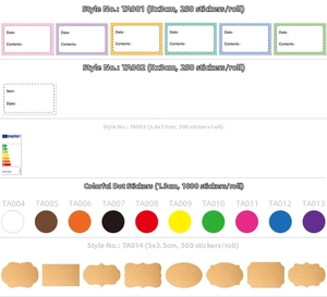 Detailed catalog showing sizes and quantities of Happy Birthday adhesive seal stickers