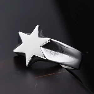 Retro stainless steel star ring with polished silver finish on a sleek dark background