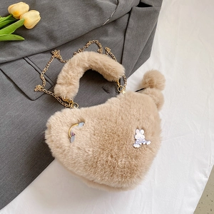 Faux fur heart-shaped khaki shoulder bag with gold chain strap and cute patches