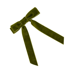 Elegant dark green velvet bow hair clip with long streamers and a minimalist design