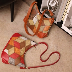 Retro patchwork underarm shoulder bag with geometric diamond design in brown and red