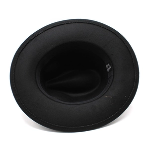 Detail view of the black wool-like fedora hat inner lining and size label showing 57cm