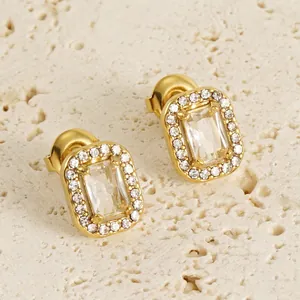 Rectangular Stud Earrings 18K Gold Plated Stainless Steel Double Layer Zircon Rhinestone Elegant Light Luxury For Women