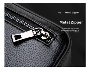 Macro shot of durable silver metal zipper on premium black lychee pattern leather
