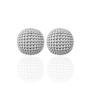 Detailed view of silver spherical stud earrings with micro-bead textured metal surface