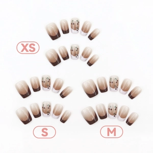 Short square press-on nails with French cherry gradient design in nude and brown tones