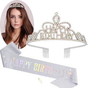 Detail view of silver rhinestone birthday crown tiara and glitter sash party set