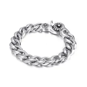 Herren Panzerarmband 316L Edelstahl Schwer Punk Vintage Sonnenblumen Gravur Verschluss Schmuck