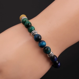 8mm tiger eye bead bracelet with colorful natural stones and silver floral metal spacers