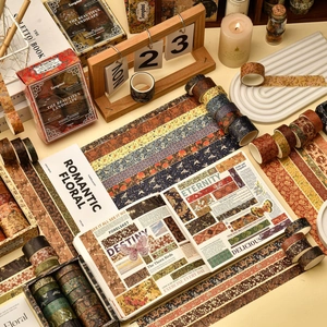 12-roll washi tape set featuring vintage floral and mountain landscape designs