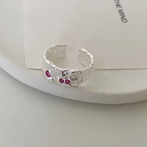 925 Sterling Silver Ring Irregular Lava Texture Hammered Pattern Red Zircon Open Adjustable Aesthetic Minimalist Jewelry Women