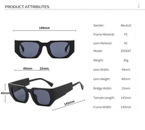 Size chart showing 149mm frame width and PC material details for ZN3647 retro sunglasses