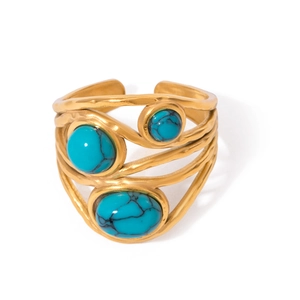 Vintage gold wavy multi-layer open ring featuring blue turquoise stones on white background
