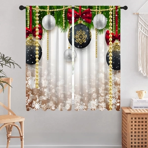 Detail of Christmas curtains with festive red bows, golden beads and pine branch prints