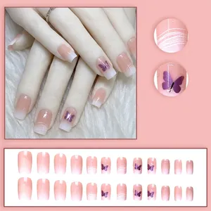 Pink and white gradient press-on nails with purple butterfly accents, set of 24 pieces