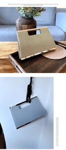 Detail of woven texture clutches in gold and silver with metal handles for parties