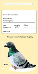 Detailed size chart and 20cm measurements for realistic plush pigeon bird toy